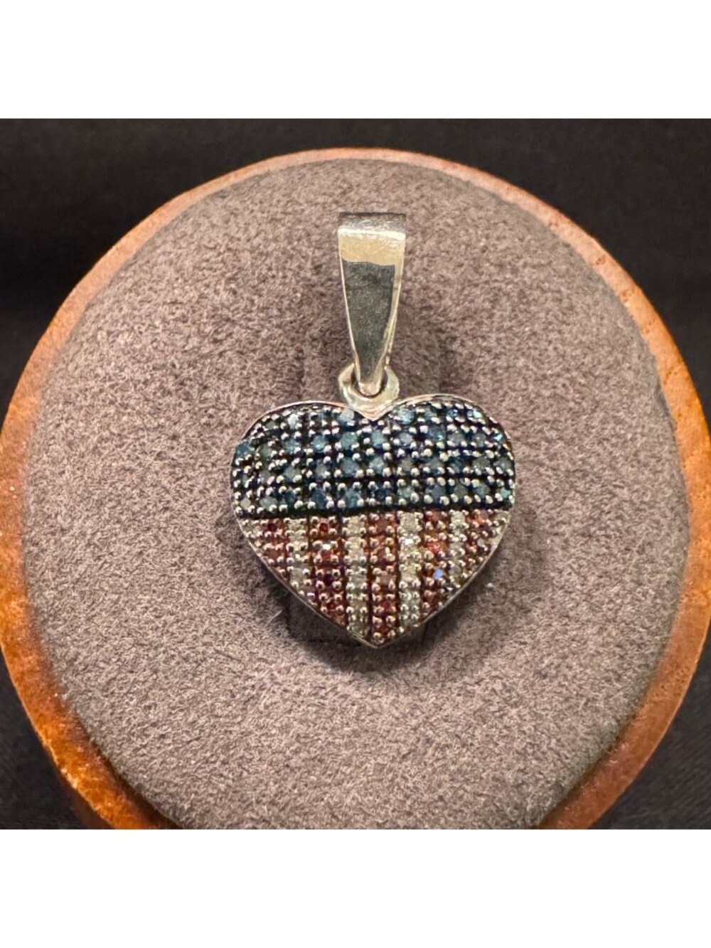 Sterling Silver 925 Red White Blue Diamond Flag Heart Pendant 1" Length